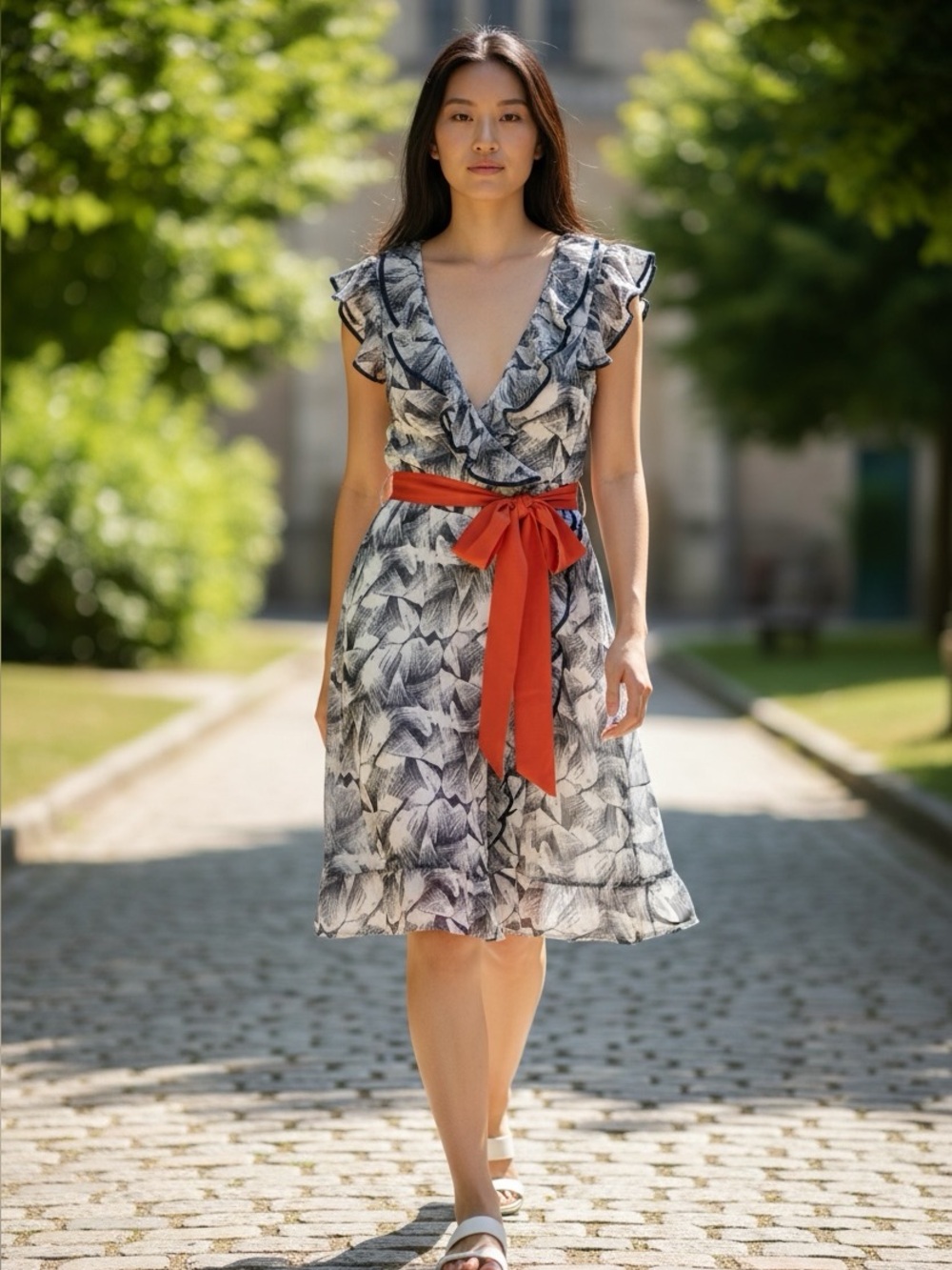 H&M Navy Blue Dress with ruffles V Neck comes with red sash size 10 Pre owned